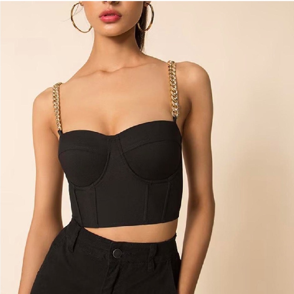 superdown Black Bustier Tank with Gold Chain Straps